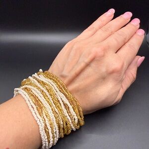Gold and White Seed Bead Stretch Wide Cuff Adjustable Bracelet